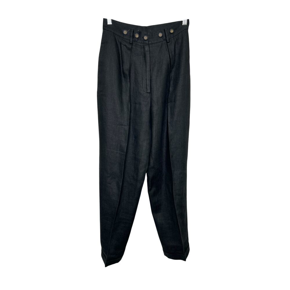 Kenar Studio 100% Linen Pleated Black Ultra High Rise Pants Cuffed Hem Y2K Sz 4